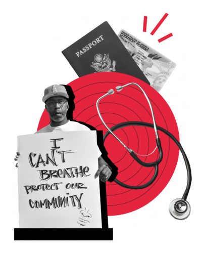Promoting Equity Collage. Elements include: protestor holding sign that reads, 