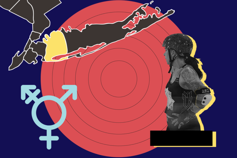 Roller Rebels Collage with map of Nassau County and trans symbol